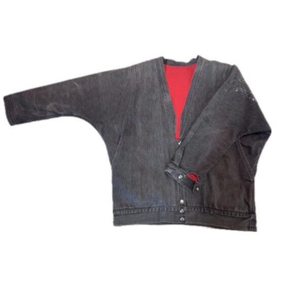 Vintage 80s dark grey and red denim jacket size Medium 8-10 - Picture 3 of 12